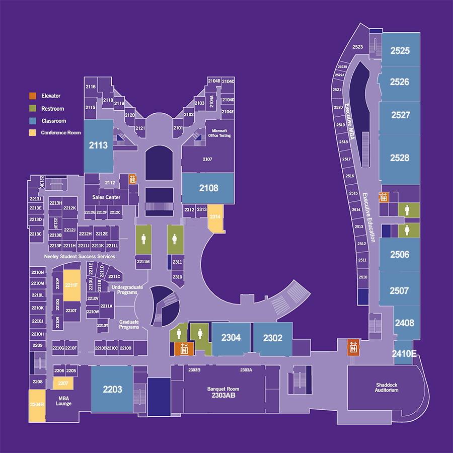 Building map with room locations of the second floor