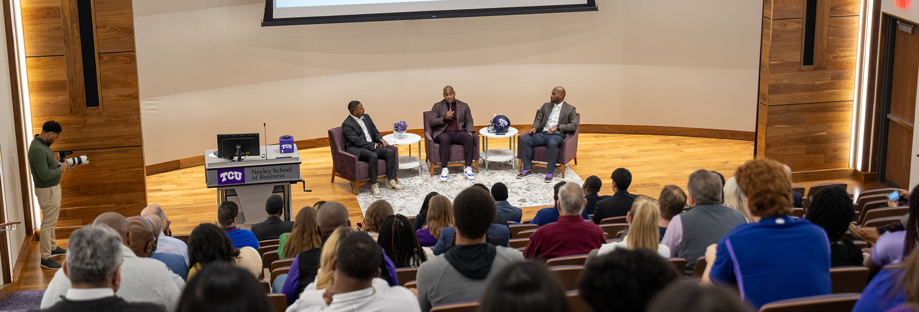 Section Image: Tim and Terrance Maiden with host David Russell in the Shaddock Auditorium 