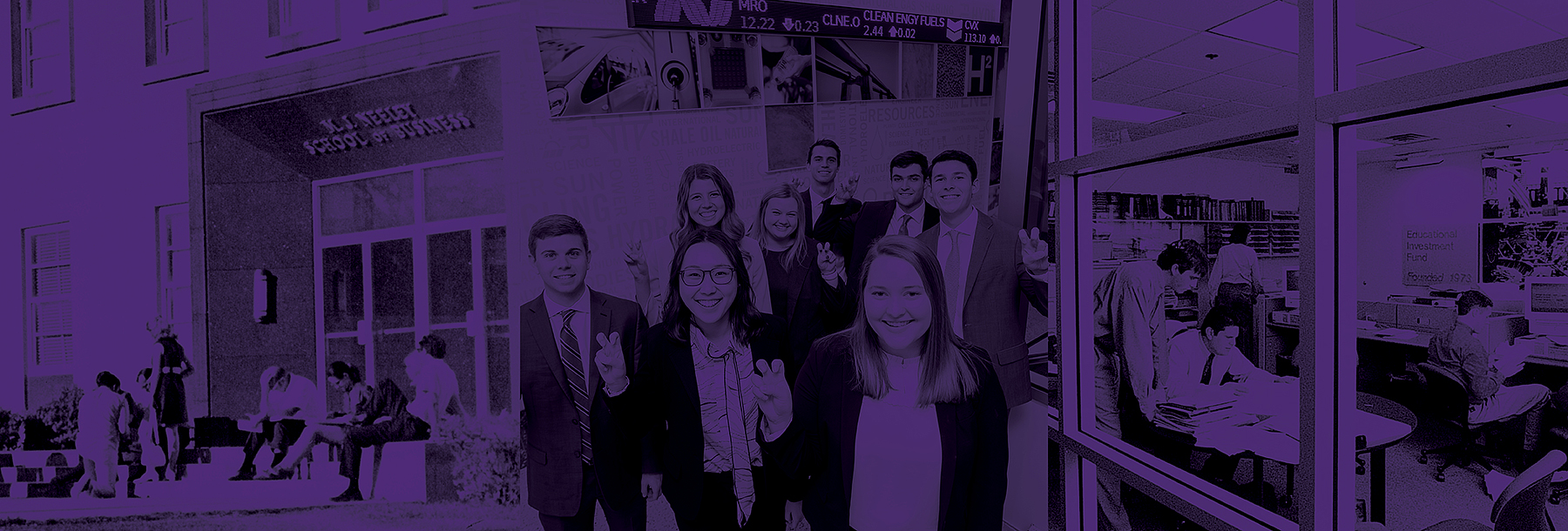 Section Image: Exterior of Dan Rogers when EIF launched; EIF students; and old EIF room 