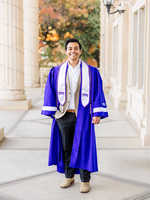 Stephen Cortez at TCU for Graduation in graduation gown
