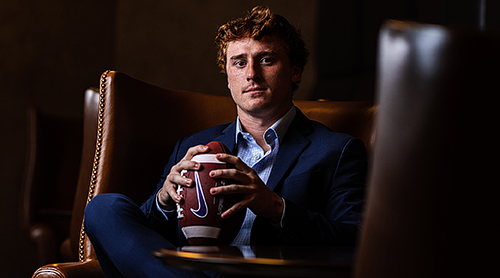 Section Image: Max Duggan at graduation and with friends and teammates 