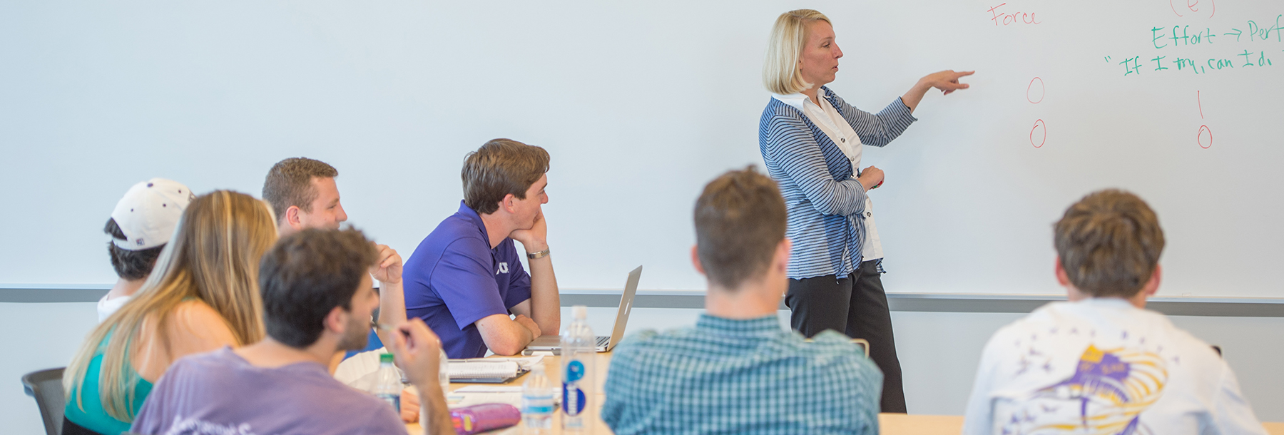 Section Image: Mary Uhl-Bien at the white board while teaching 