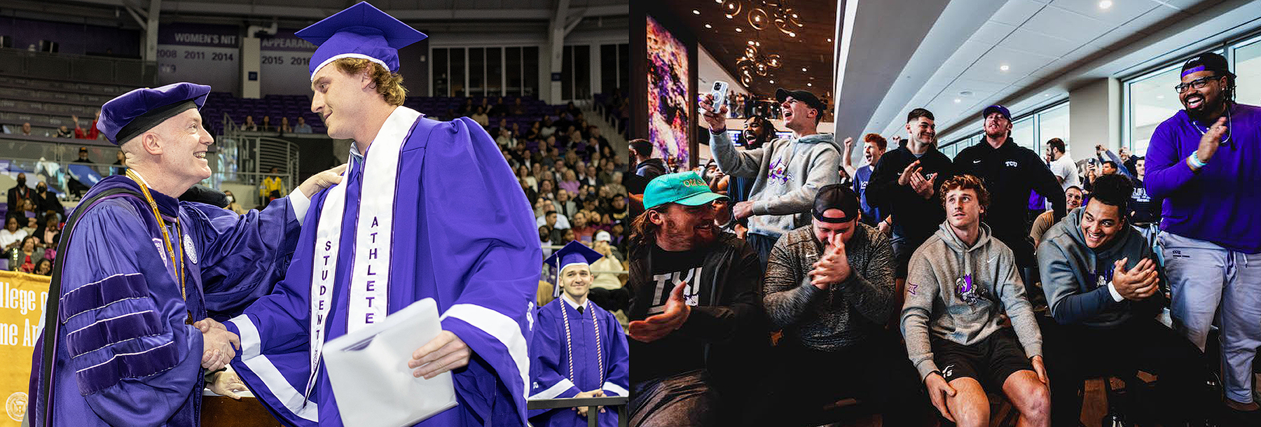 Section Image: Max Duggan at graduation and with friends and teammates 