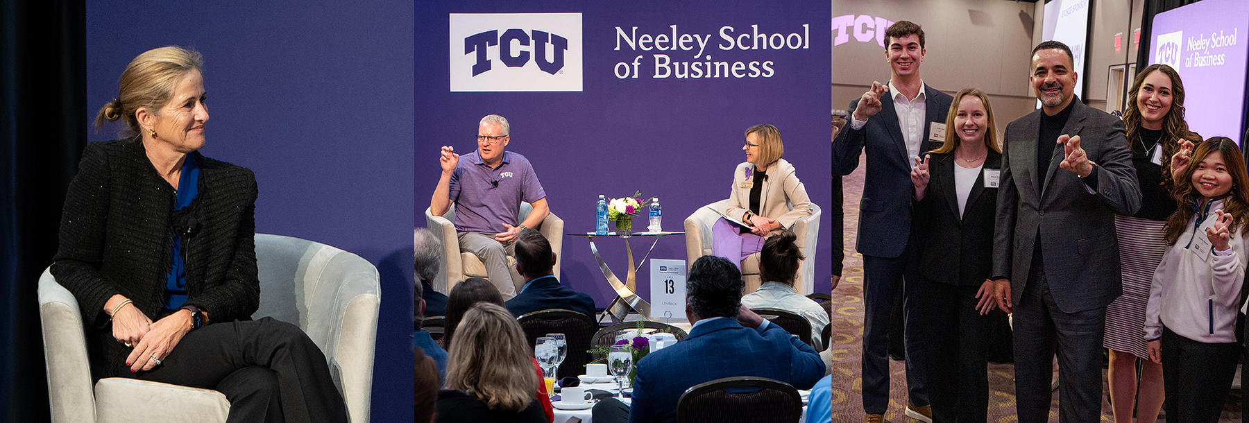 Section Image: Tandy Executive Speaker Series speakers and attendees: Elaine Paul, Eric Artz with Hettie Richardson and Randy Parker with students 