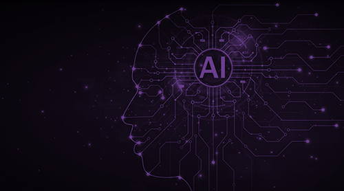 Section Image: Blue and black background with a square lit up in the center with a Brain and the words AI in the center 