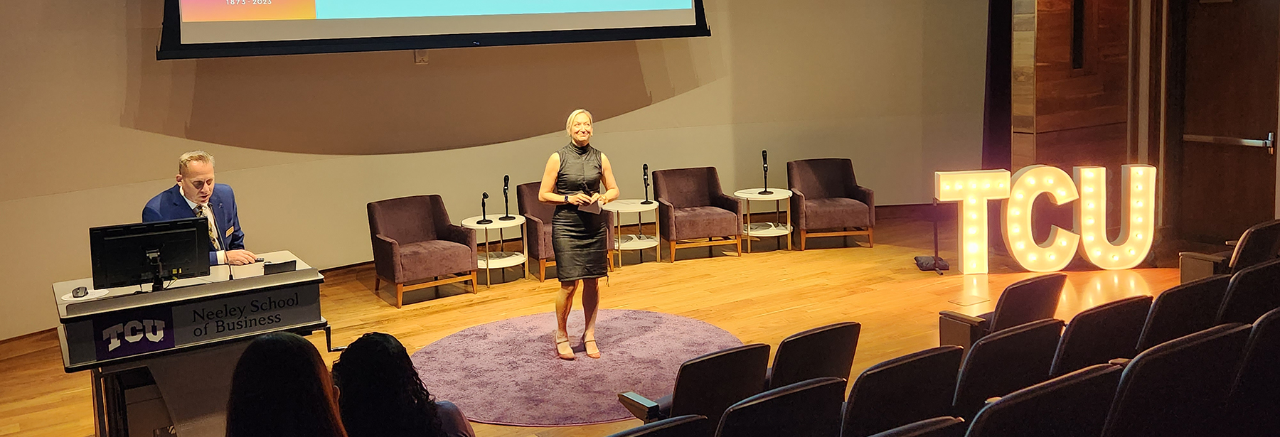 Section Image: Keith Hmieleski and Kelly Tragger in the Shaddock Auditorium 