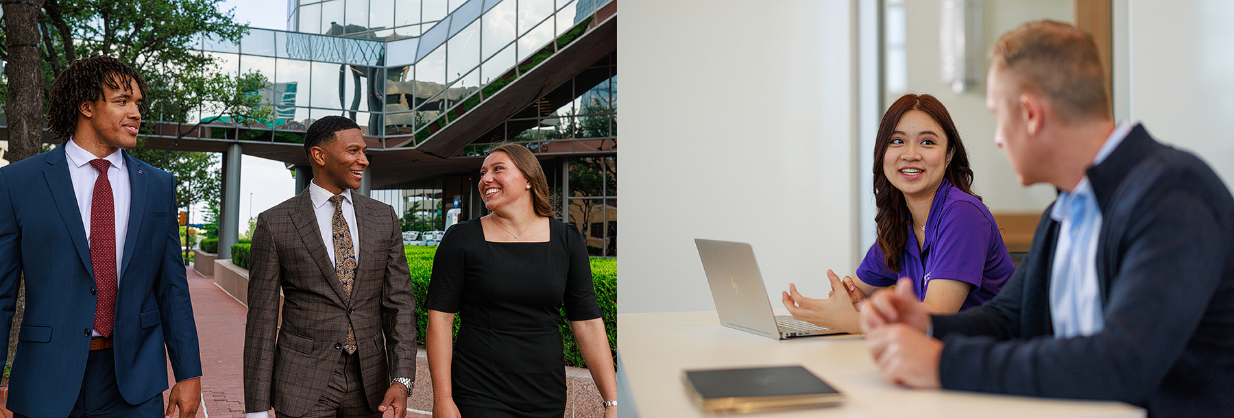 Section Image: Three students in downtown Fort Worth, female student and male professor talking 
